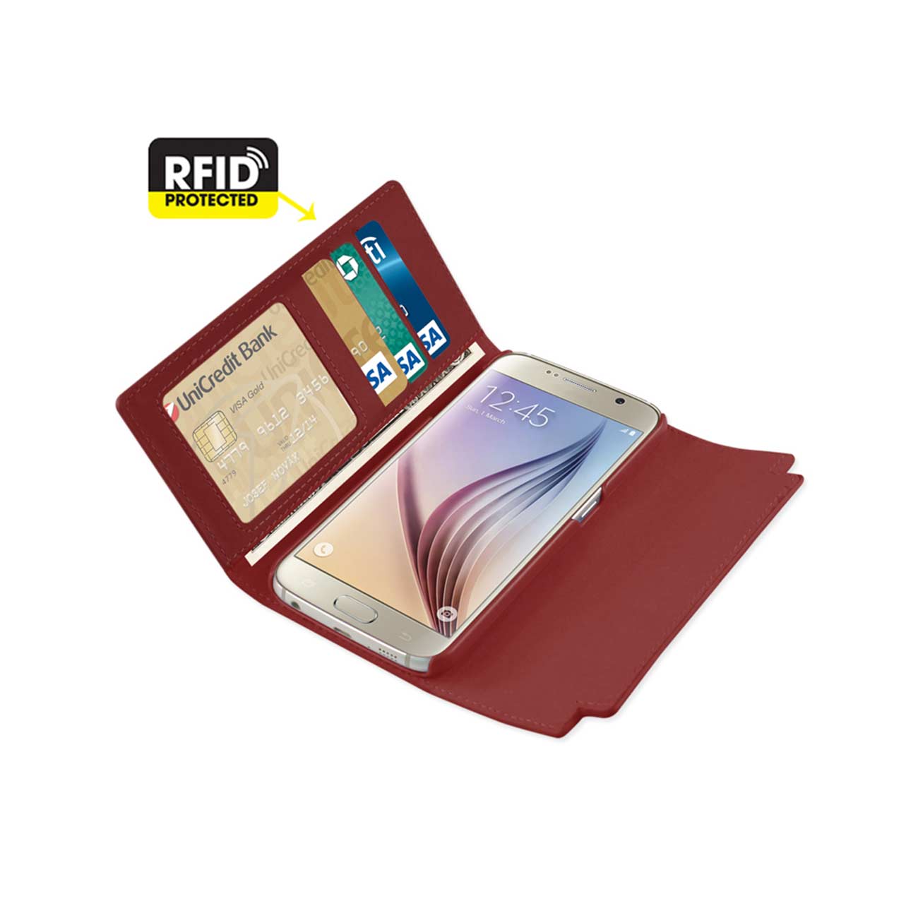 Wallet Case Genuine Leather RFID Metal Buckle Belt Samsung Galaxy S6 Burgundy Color
