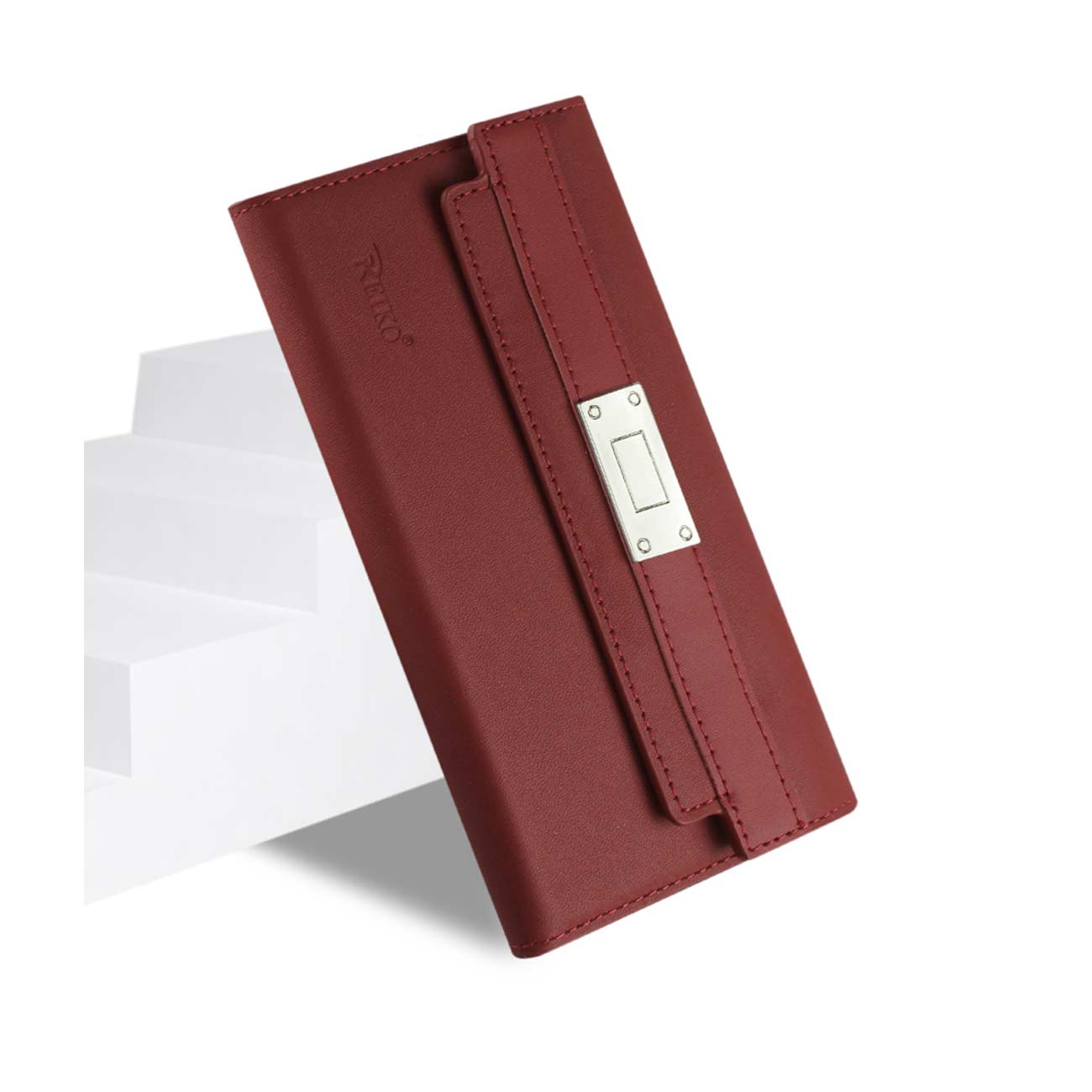 Wallet Case Genuine Leather RFID Metal Buckle Belt Samsung Galaxy S6 Burgundy Color