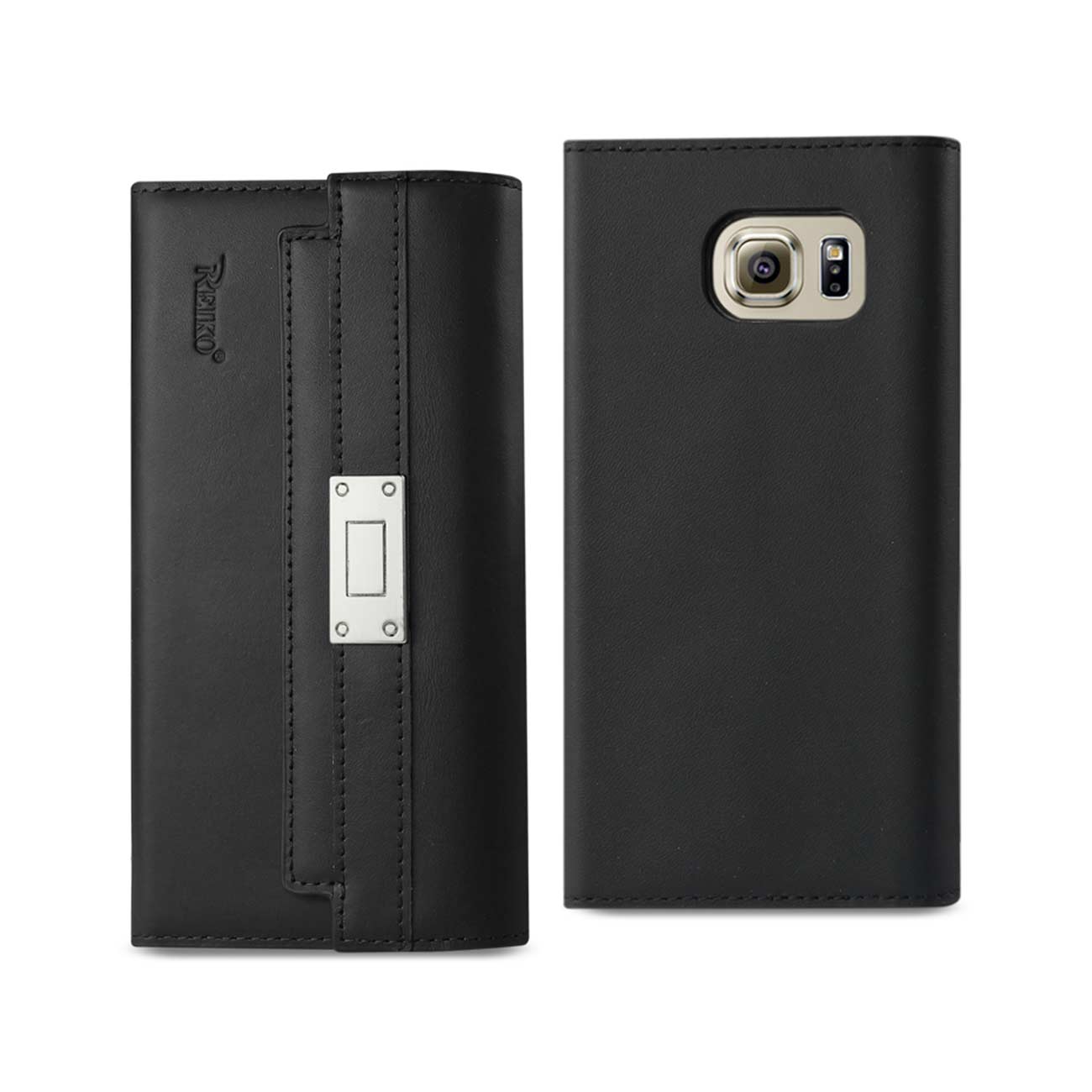 Wallet Case Genuine Leather RFID Metal Buckle Belt Samsung Galaxy S6 Black Color