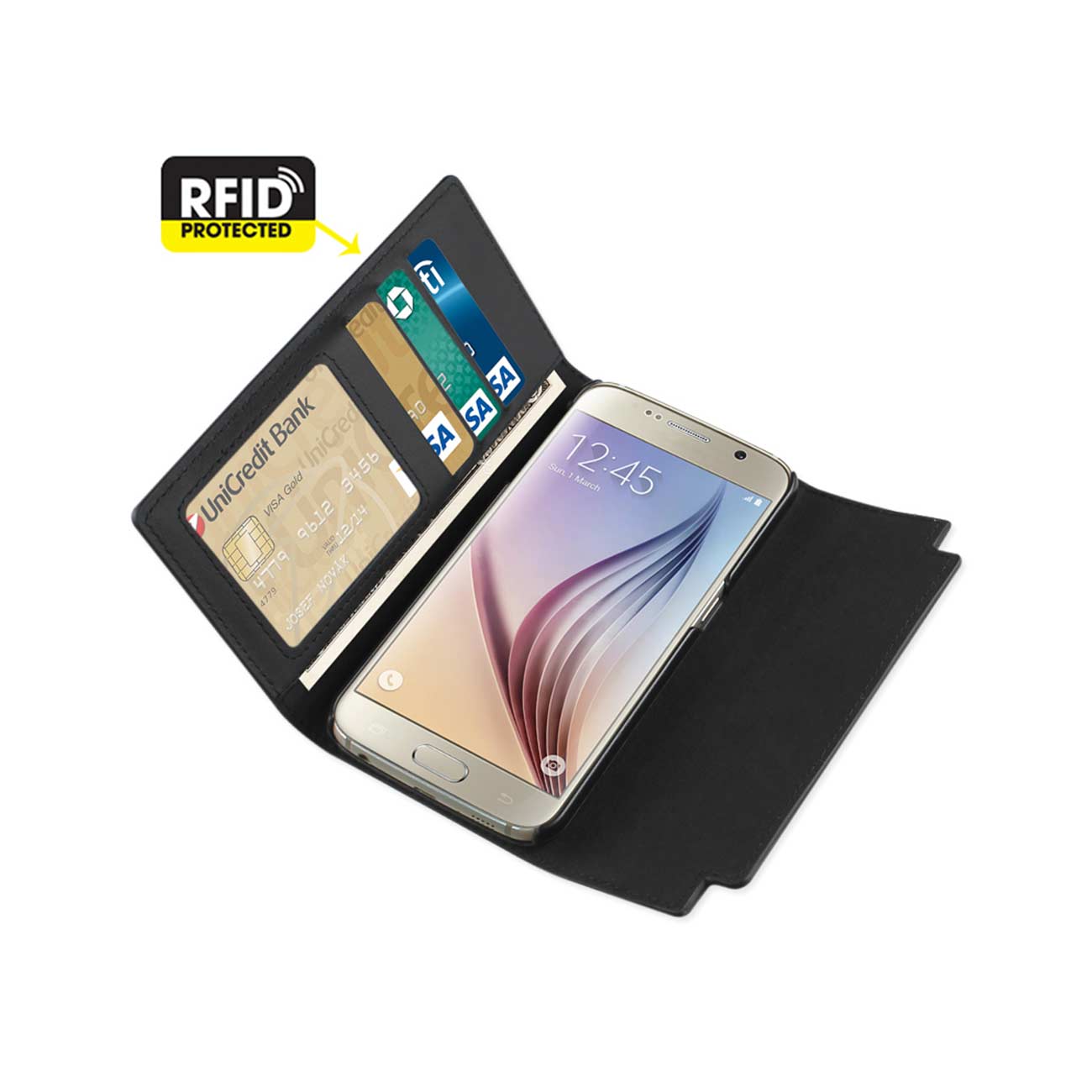 Wallet Case Genuine Leather RFID Metal Buckle Belt Samsung Galaxy S6 Black Color