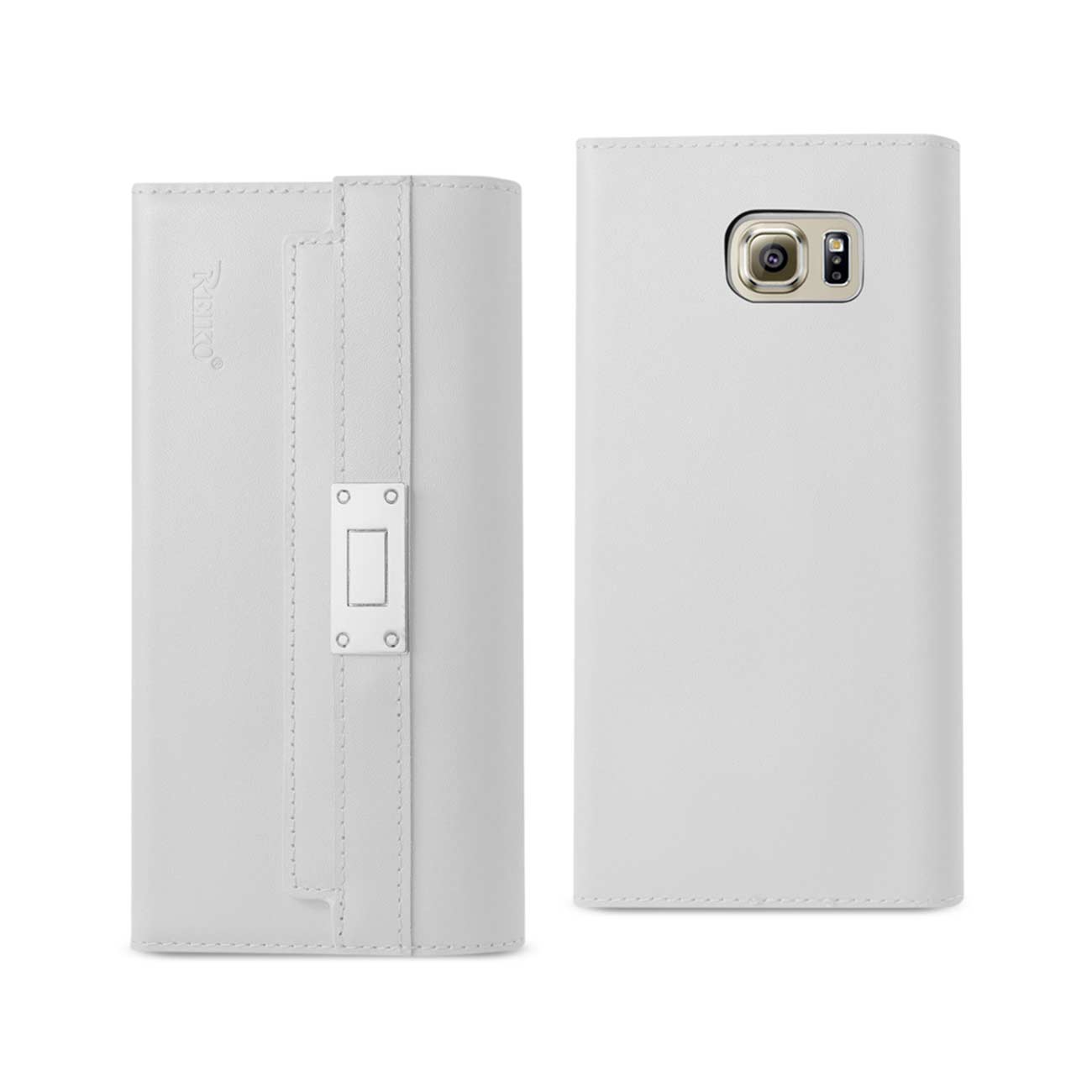 Wallet Case Genuine Leather RFID Metal Buckle Belt Samsung Galaxy S6 Ivory Color