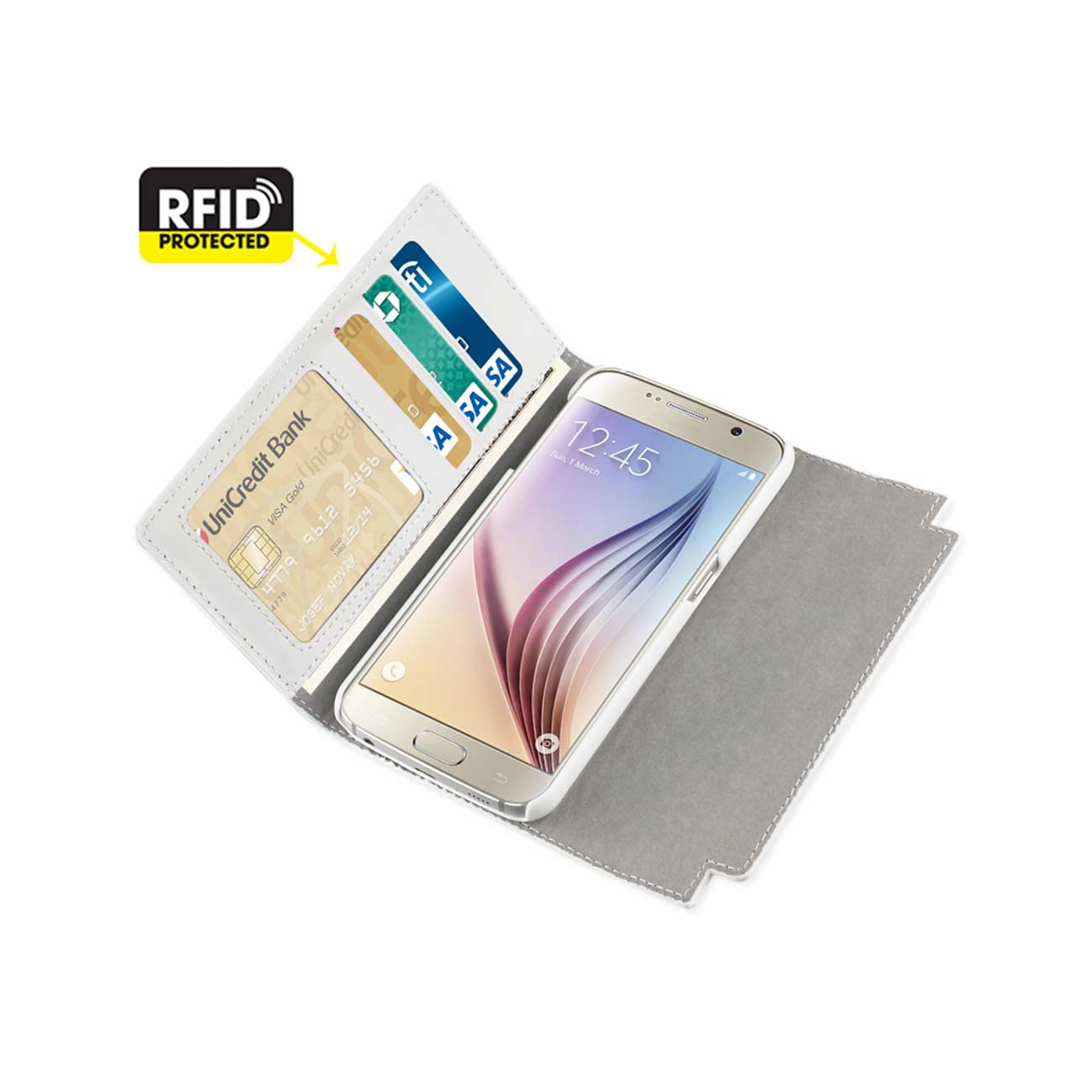 Wallet Case Genuine Leather RFID Metal Buckle Belt Samsung Galaxy S6 Ivory Color