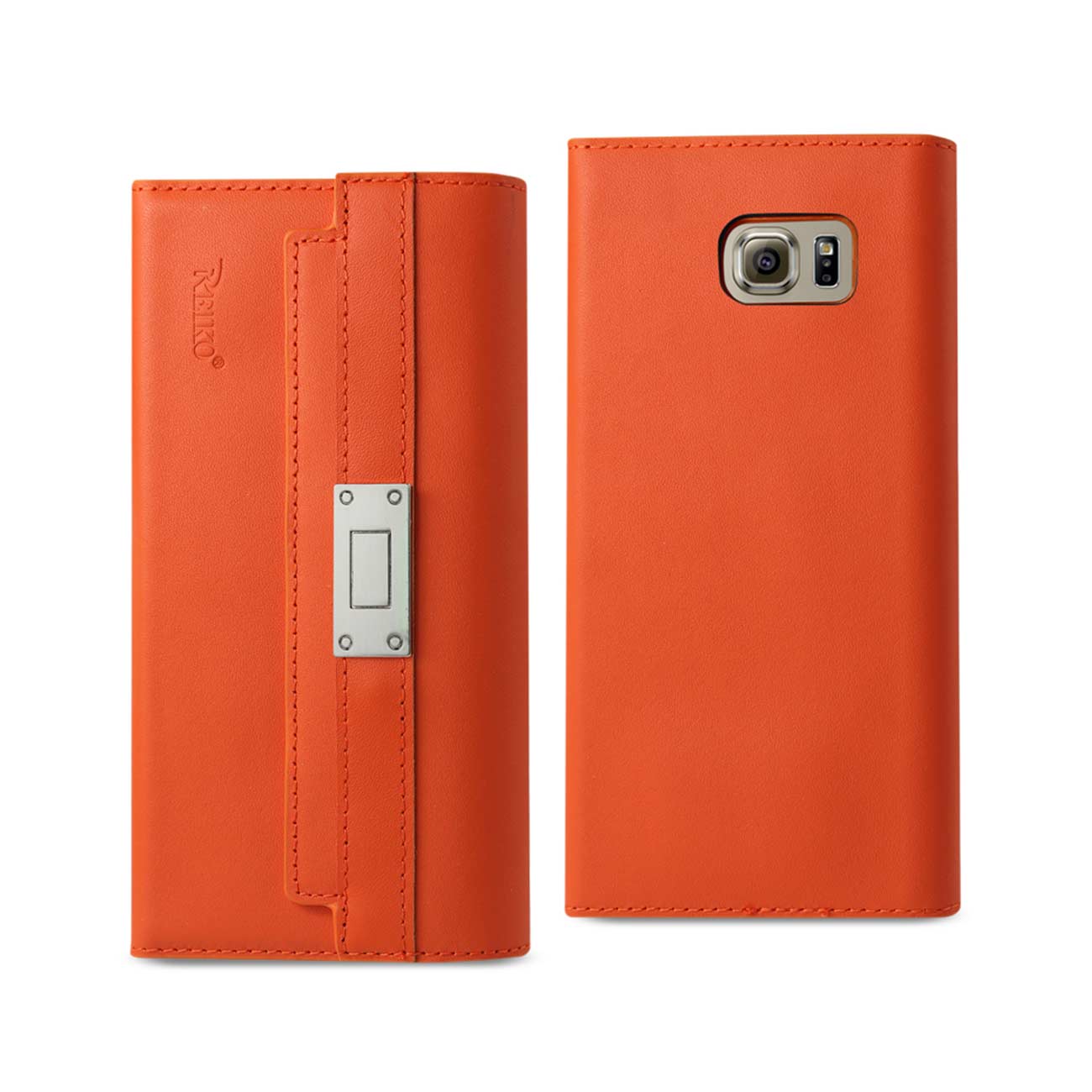 Wallet Case Genuine Leather RFID Metal Buckle Belt Samsung Galaxy S6 Tangerine Color