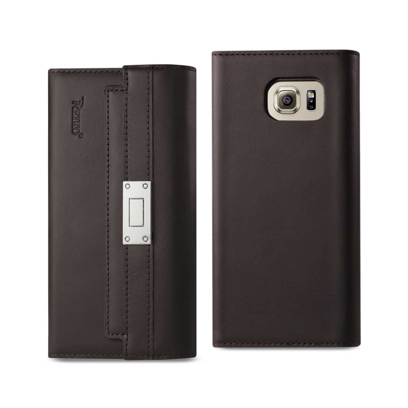 Wallet Case Genuine Leather RFID Metal Buckle Belt Samsung Galaxy S6 Umber Color