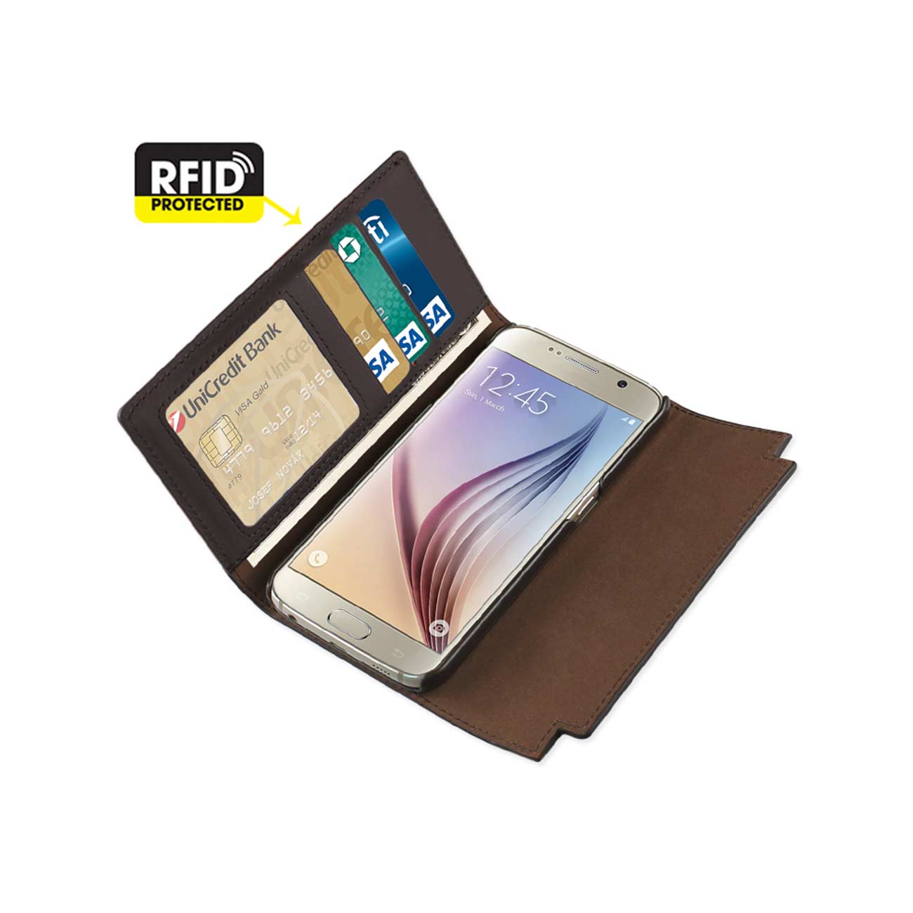 Wallet Case Genuine Leather RFID Metal Buckle Belt Samsung Galaxy S6 Umber Color