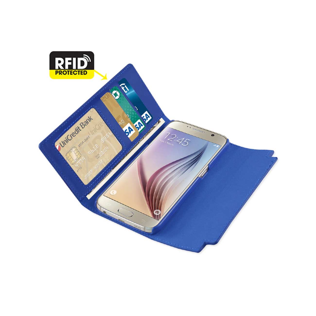Wallet Case Genuine Leather RFID Metal Buckle Belt Samsung Galaxy S6 Ultramarine Color