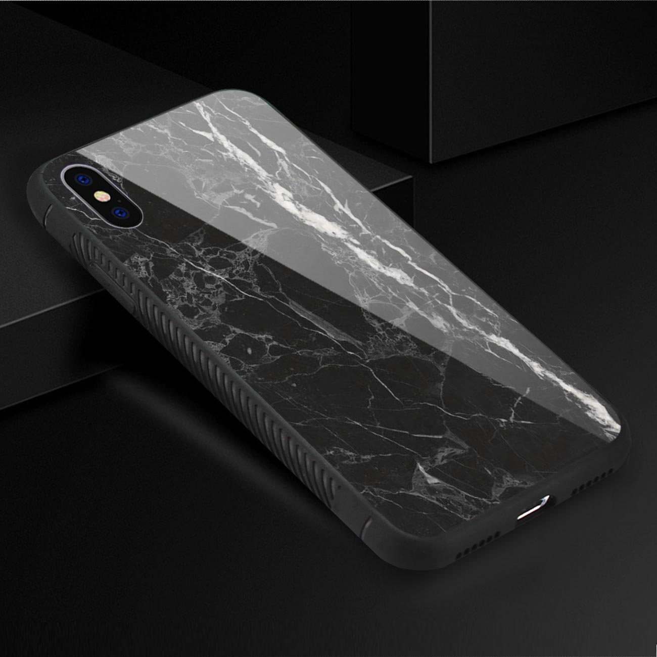 iPhone X/iPhone XS Hard Glass Design TPU Case With Black Marble