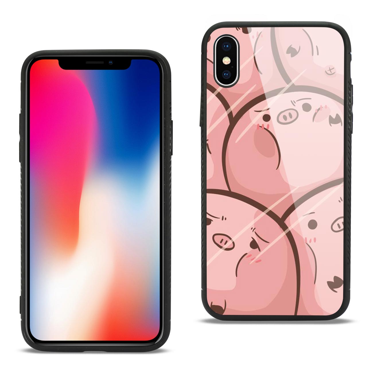 iPhone X/iPhone XS Hard Glass Design TPU Case With Pink Pig Faces