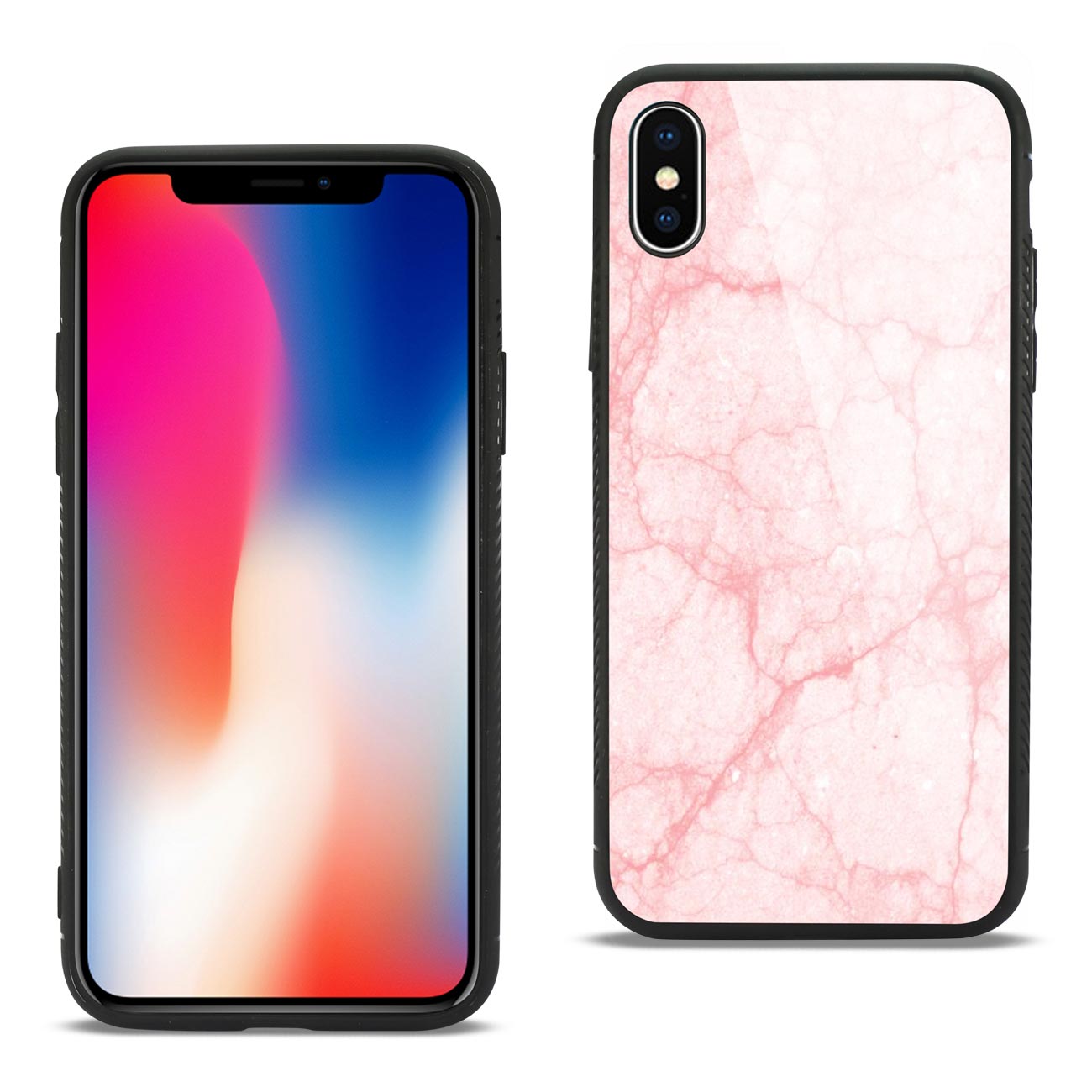 iPhone X/iPhone XS Hard Glass Design TPU Case With Pink Marble