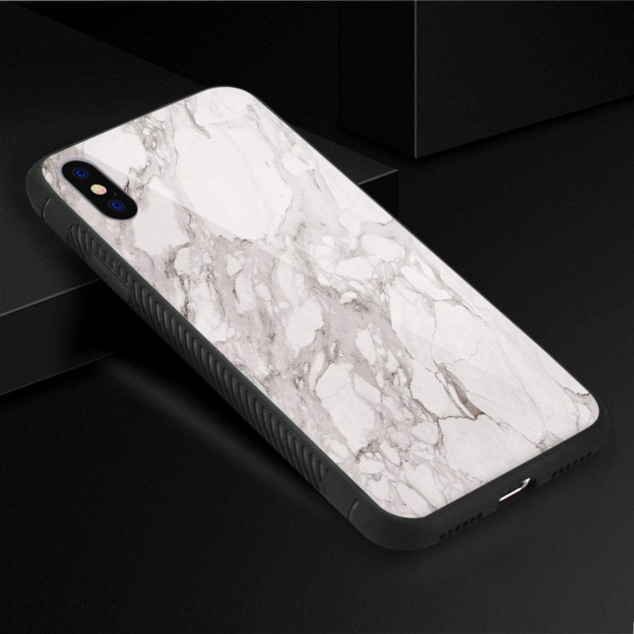 Reiko iPhone X/iPhone XS Hard Glass Design TPU Case With White Marble