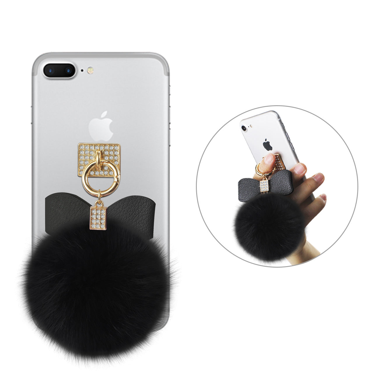 Reiko Phone Holder/ Finger Loop Grip With Rhinestone Soft Puffy Fur Ball In Black