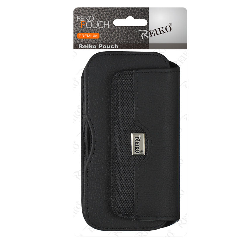 Rugged Horizontal Leather Pouch/Phone Holster With Metal Logo And Magnetic Closure In Black