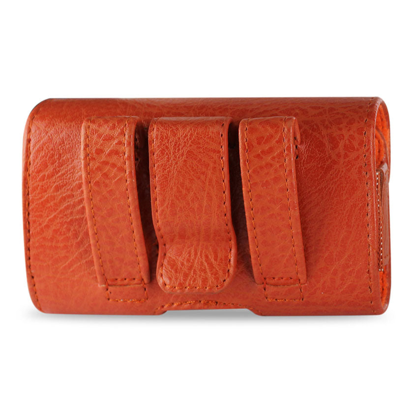 Pouch/ Phone Holster Leather Horizontal With Sewing Stitches Orange Color