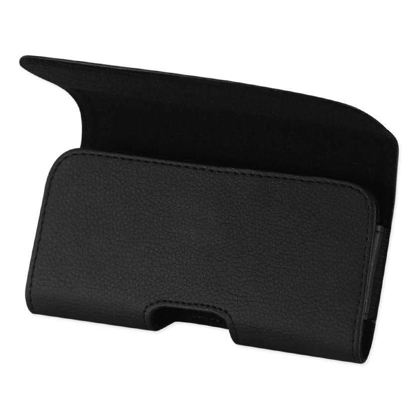 Pouch/ Phone Holster Leather Horizontal Magnetic Clasp Embossed Logo Black Color