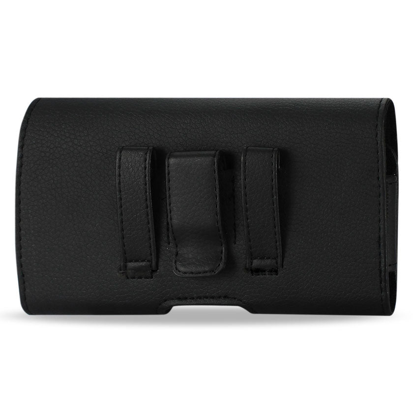 Pouch/ Phone Holster Leather Horizontal Magnetic Clasp Embossed Logo Black Color