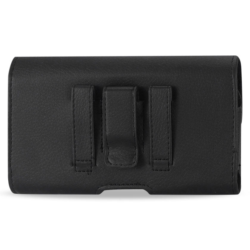 Pouch/ Phone Holster Leather Horizontal Magnetic Clasp Metal Logo Black Color
