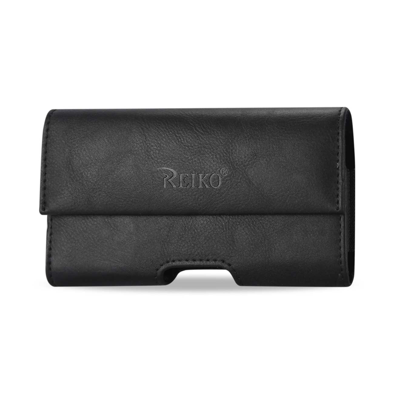 Pouch/ Phone Holster Leather Horizontal Flat Closure Embossed Logo Black Color In Poly Bag Packaging