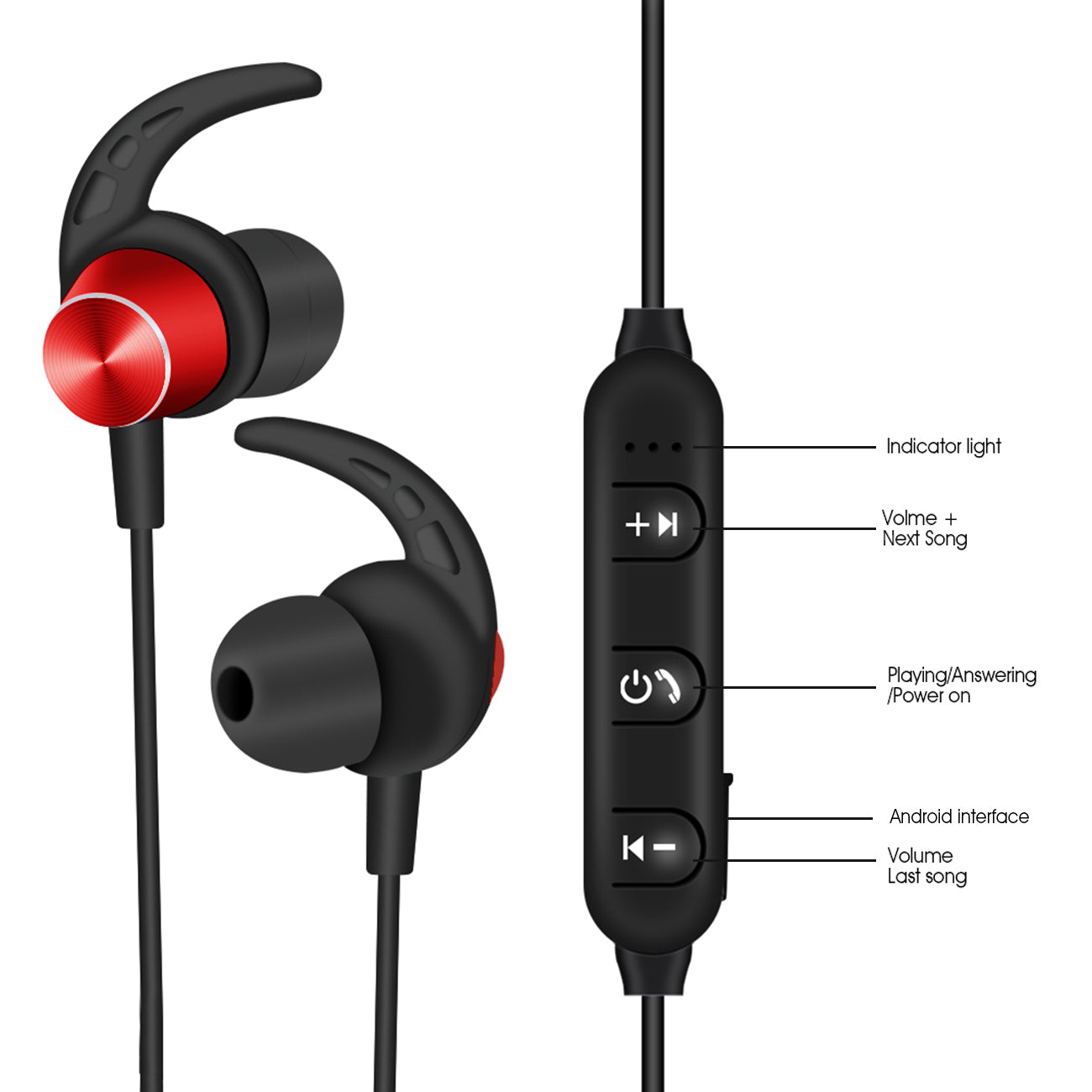 Earphone Headset Magnetic Bluetooth With Mic Red Color