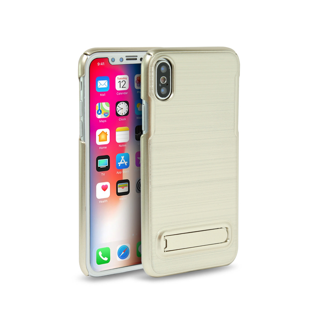 iPhone X Metal Brushed Texture Case With Kickstand In Gold