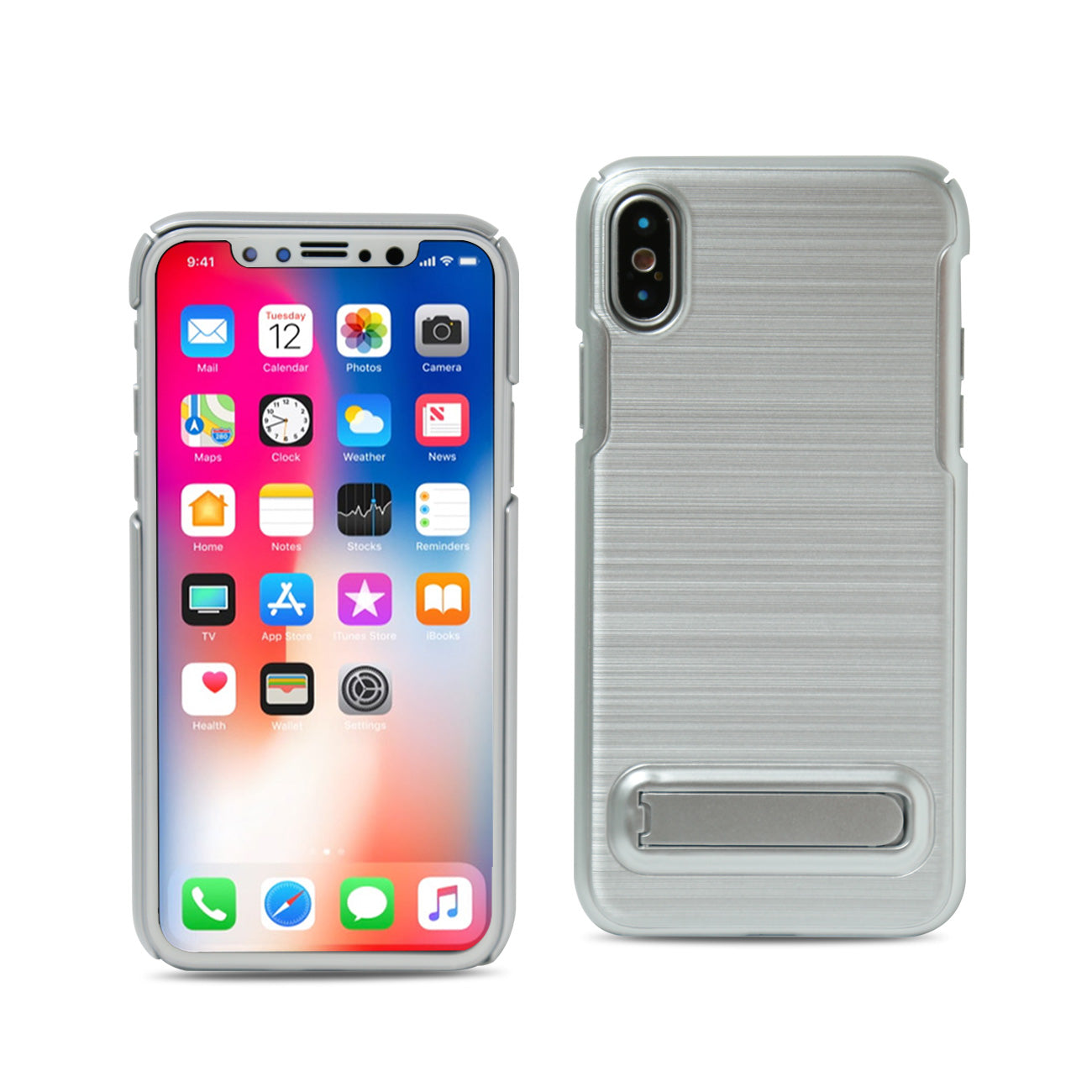 iPhone X Metal Brushed Texture Case With Kickstand In Silver