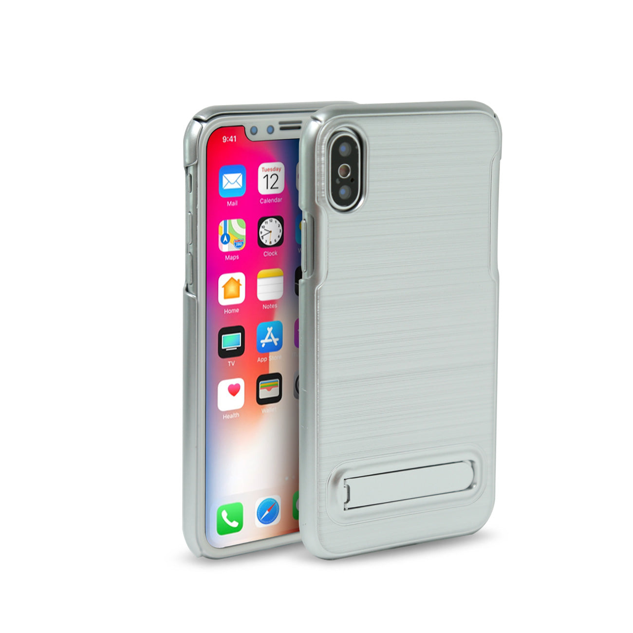 iPhone X Metal Brushed Texture Case With Kickstand In Silver