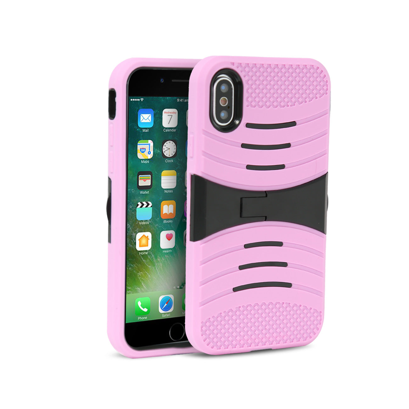 Case Protective Hybrid Dual Layer With Kick-Stand iPhone X Pink Color