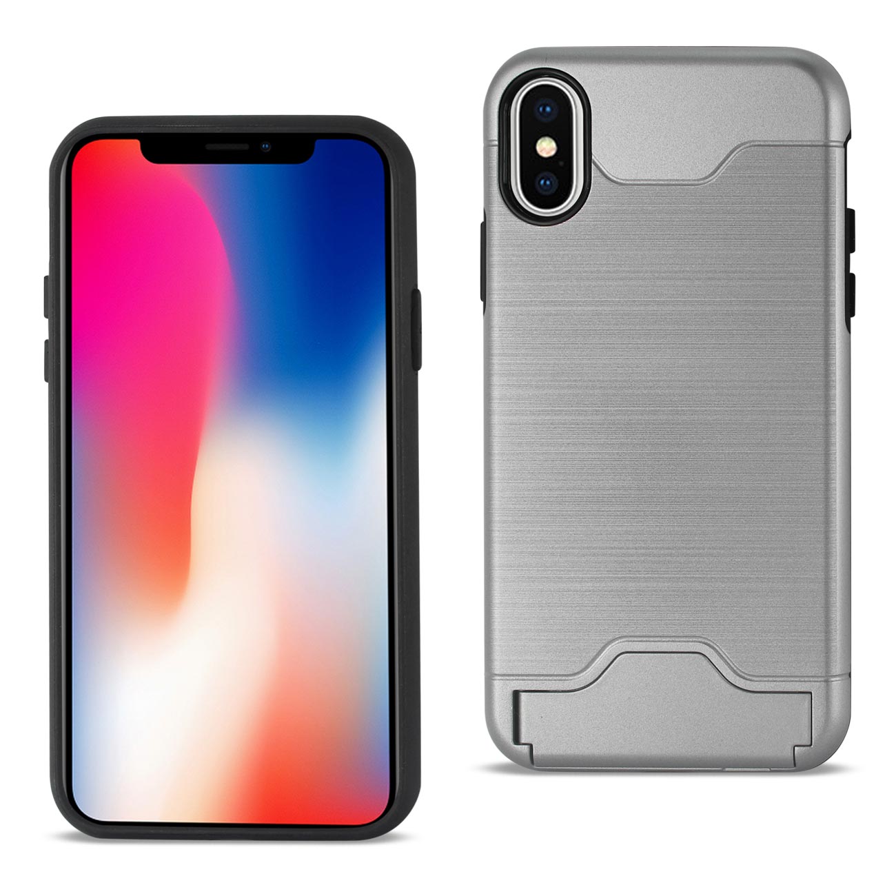 Case Hybrid Protective Kickstand Dual Layer Card Holder iPhone X Silver Color