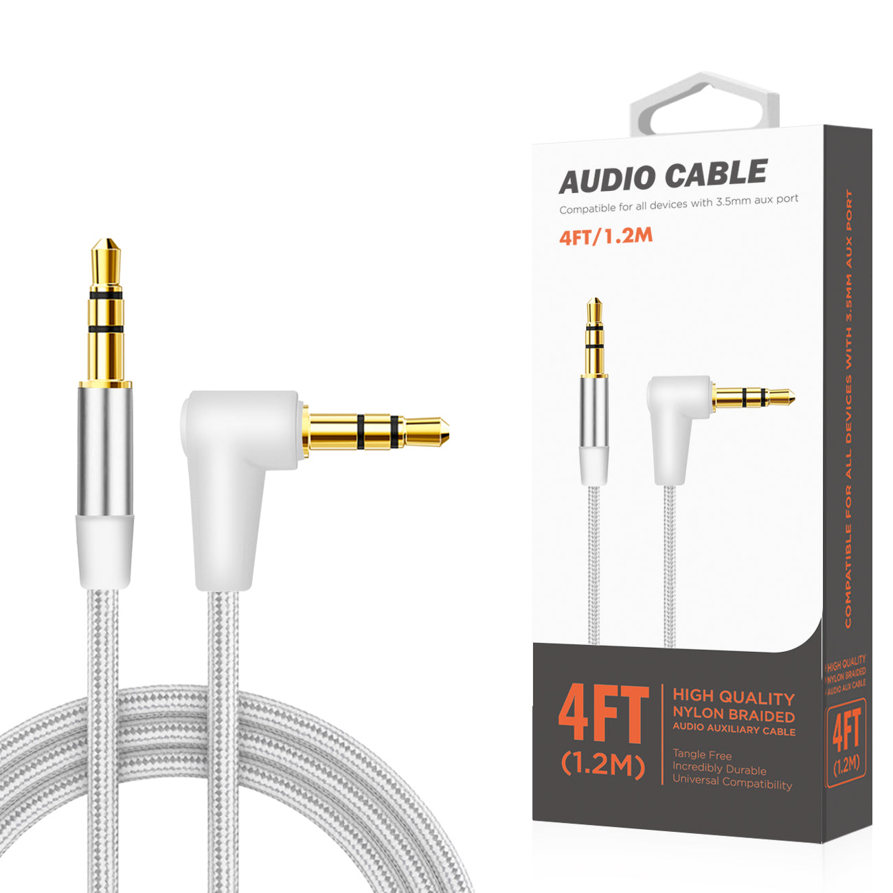 Cable Audio Aux Stereo 3.5MM Nylon Braided 4Ft Silver Color