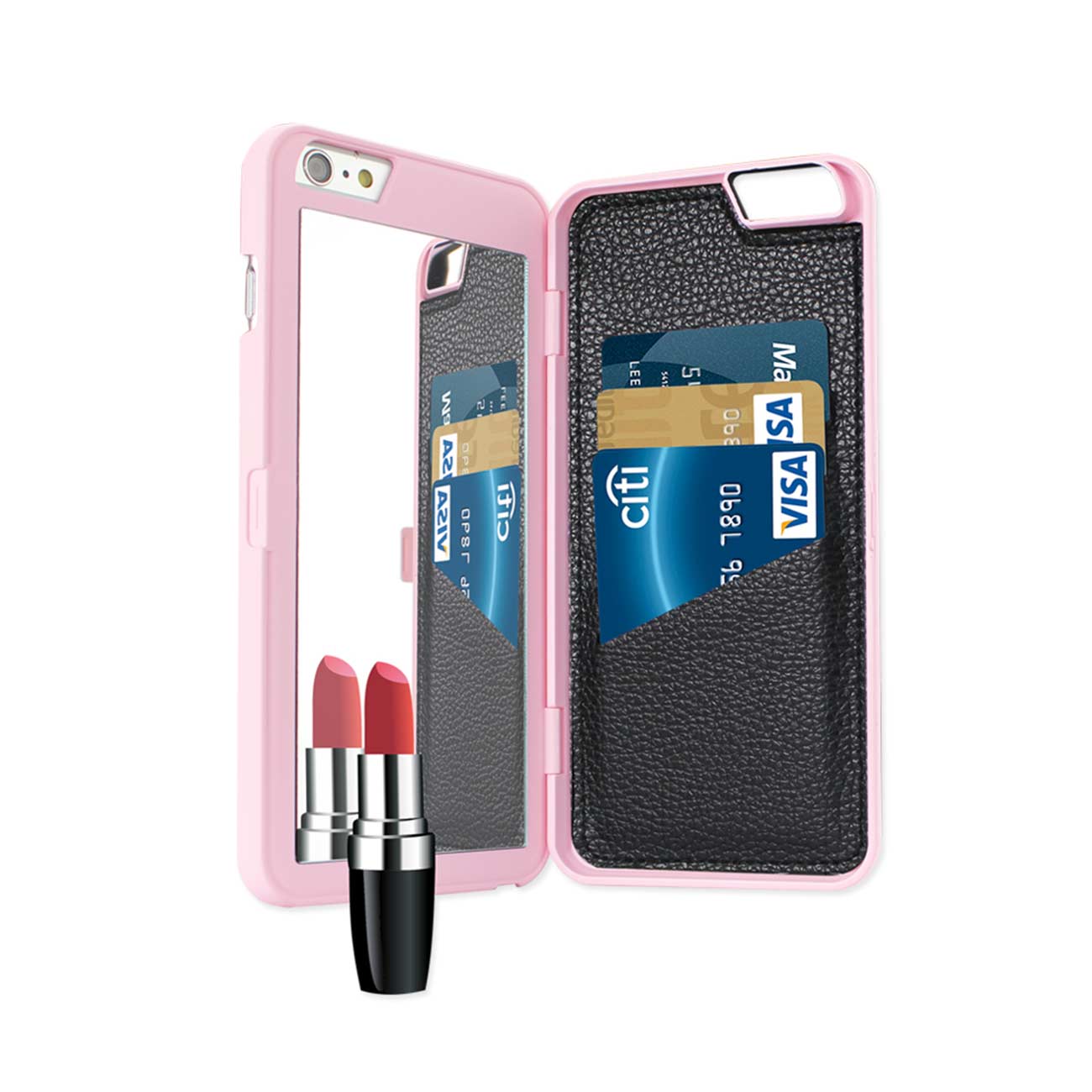 Wallet Case Hidden Mirror With Kickstand Function iPhone 6 Plus/ 6S Plus Pink Color