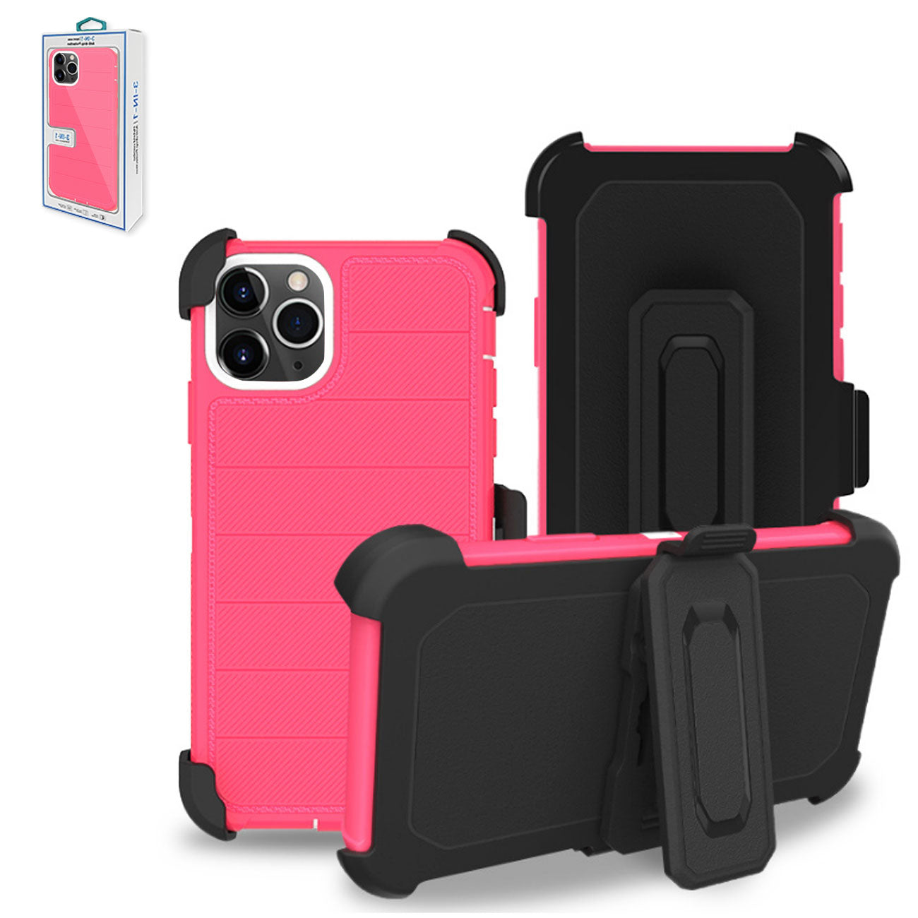 3-In-1 Hybrid Heavy Duty Holster Combo Case For APPLE IPHONE 11 PRO In Hot Pink