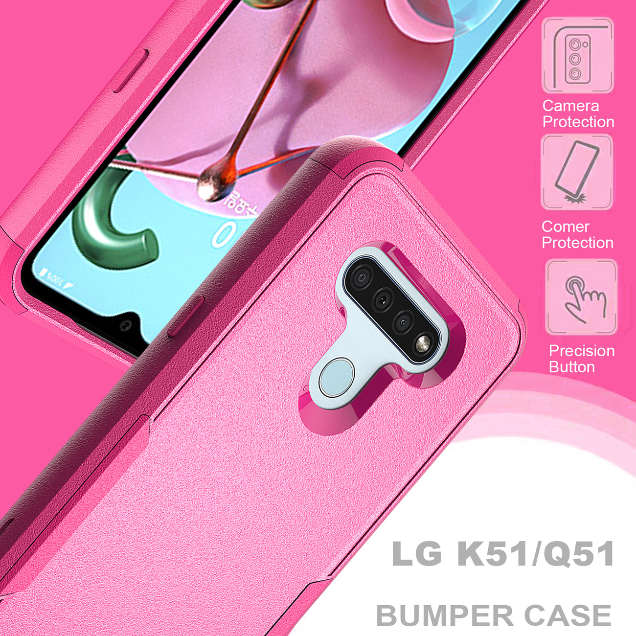 Case Hybrid 3 in 1 Heavy Duty Defender Rugged Armor LG K51 Hot Pink Color