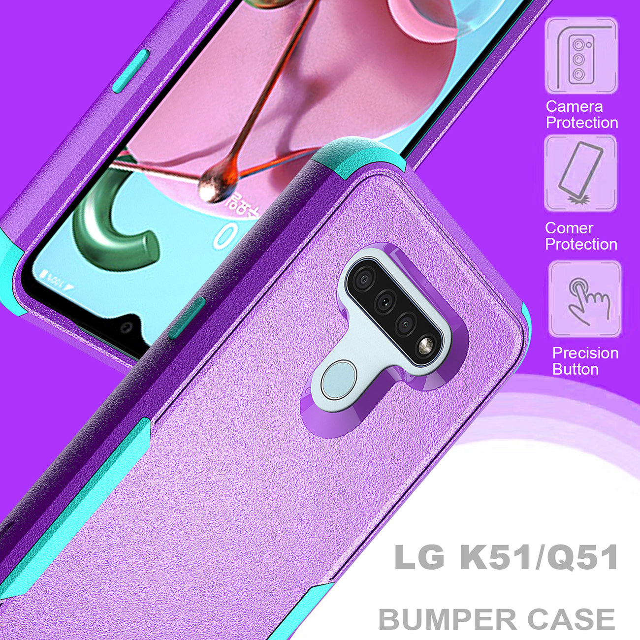 Case Hybrid 3 in 1 Heavy Duty Defender Rugged Armor LG K51 Purple Color