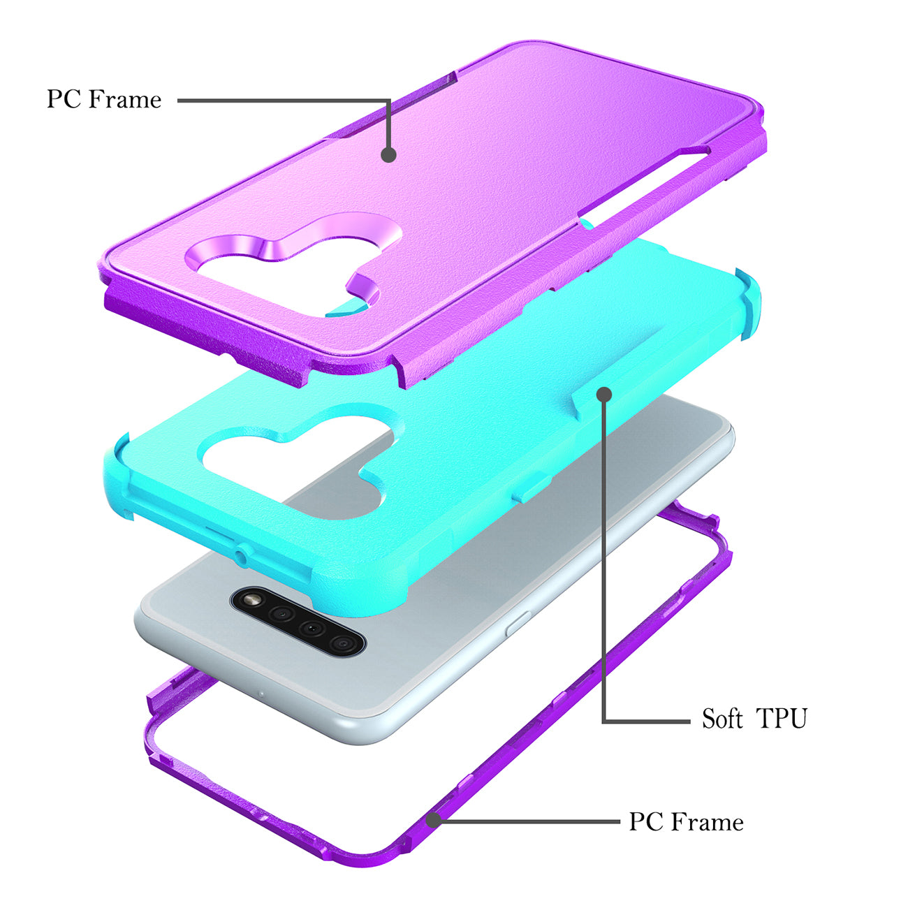 Case Hybrid 3 in 1 Heavy Duty Defender Rugged Armor LG K51 Purple Color