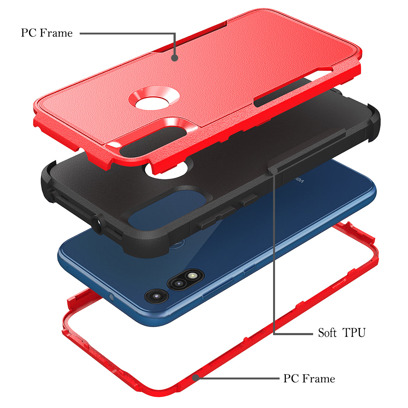 Case Hybrid 3 In 1 Heavy Duty Defender Rugged Armor Motorola E7 2020 Red Color