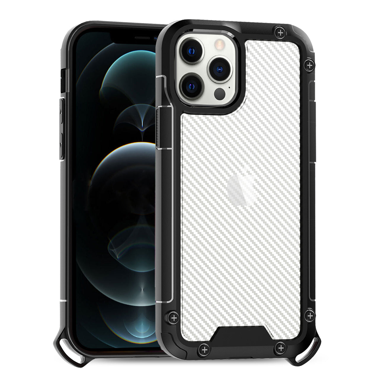 Shockproof PC Bumper Case With Carbon Fiber Pattern In Black For iPhone 12 / 12 Pro