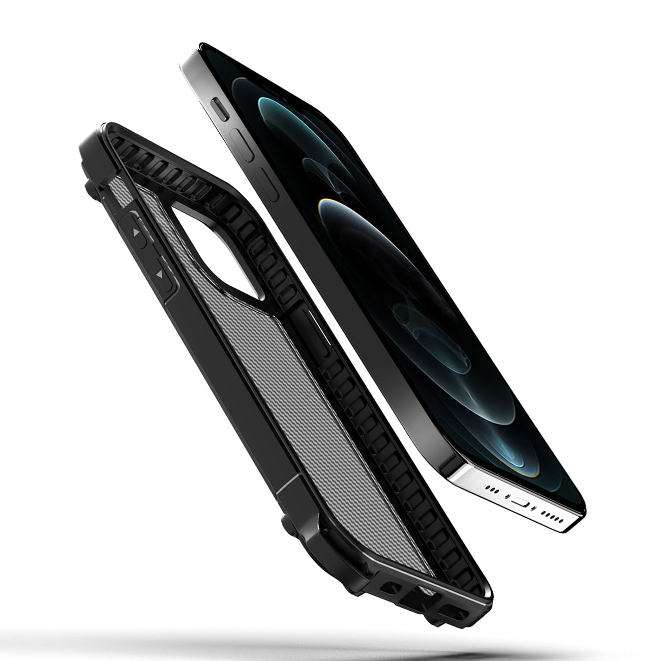 Shockproof PC Bumper Case With Carbon Fiber Pattern In Black For iPhone 12 / 12 Pro