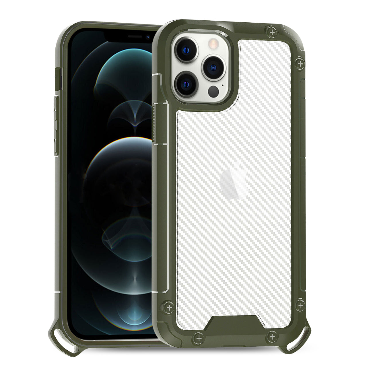 Reiko Shockproof PC Bumper Case With Carbon Fiber Pattern In Green For iPhone 12 / 12 Pro