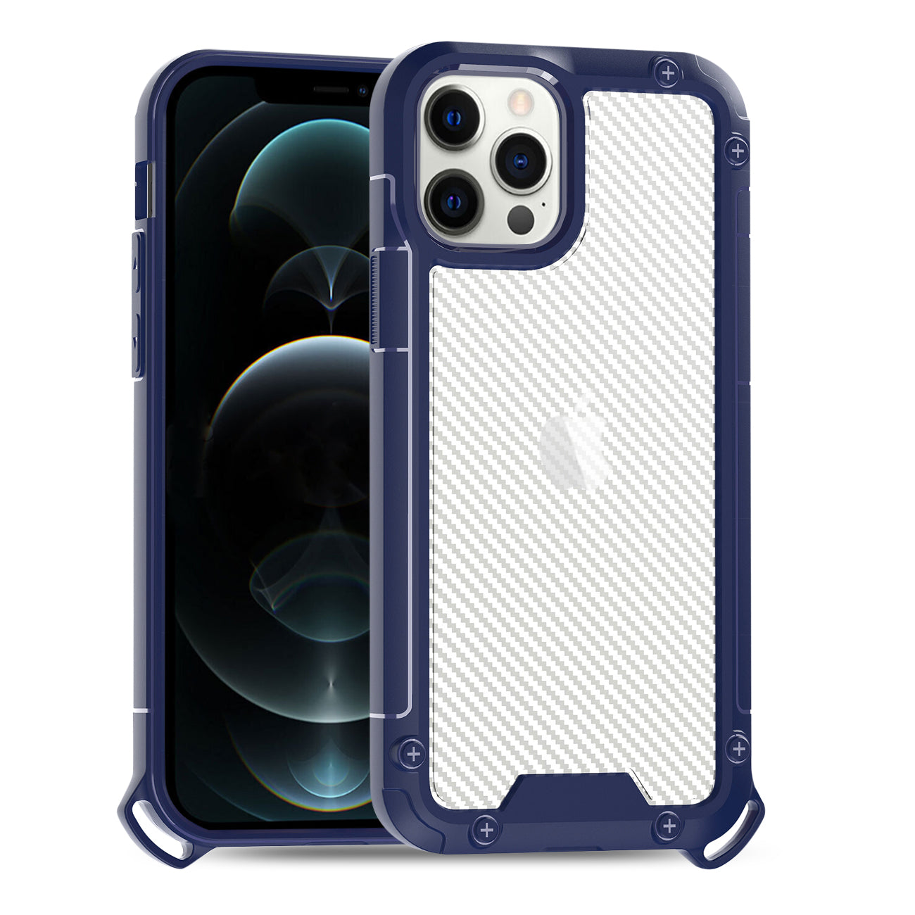 Reiko Shockproof PC Bumper Case With Carbon Fiber Pattern In Navy For iPhone 12 / 12 Pro