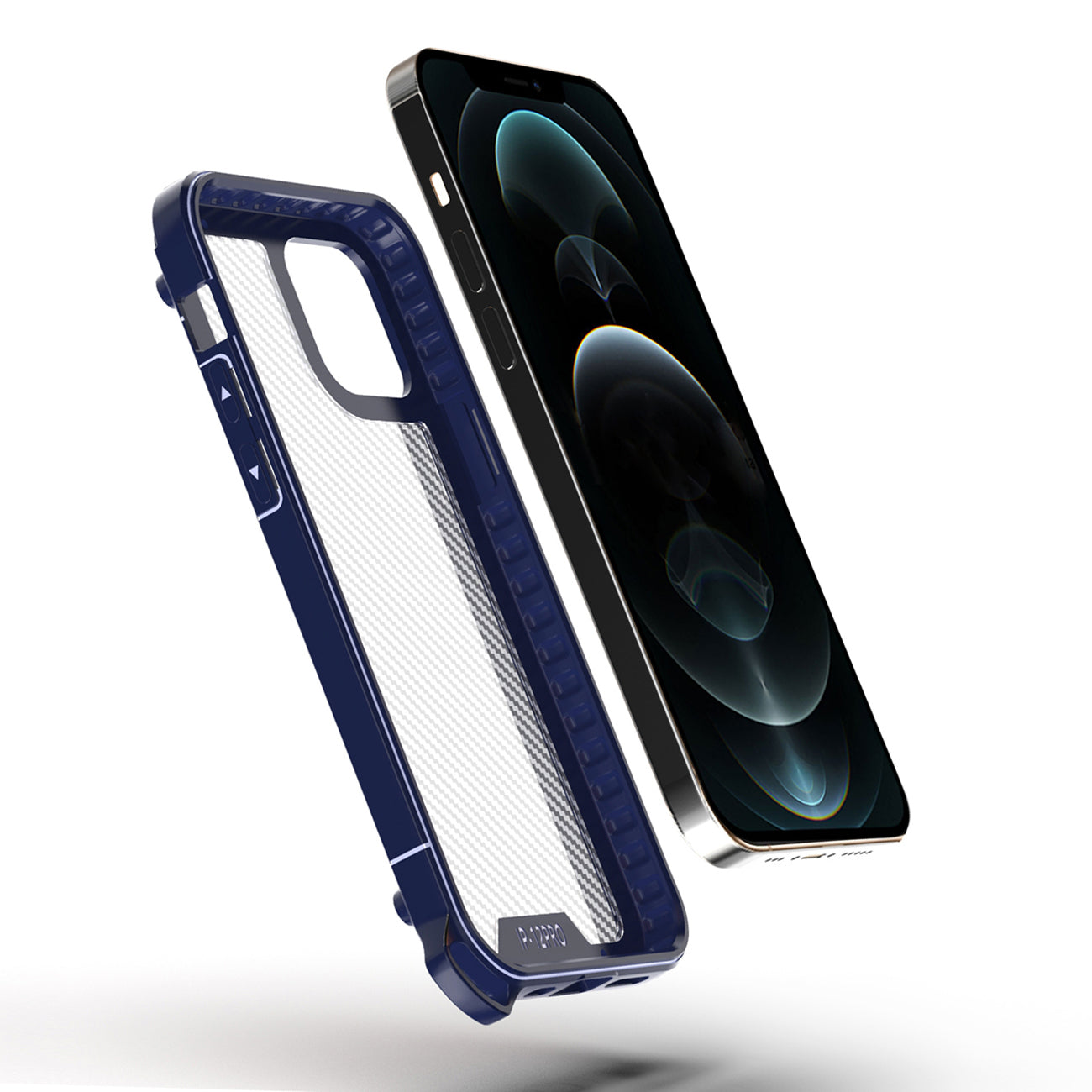 Reiko Shockproof PC Bumper Case With Carbon Fiber Pattern In Navy For iPhone 12 / 12 Pro