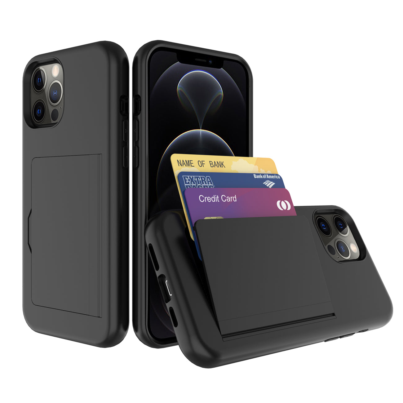 Phone Case Hybrid TPU PC 2-in-1 Flip Card Holder Apple iPhone 12/ 12 Pro Black Color