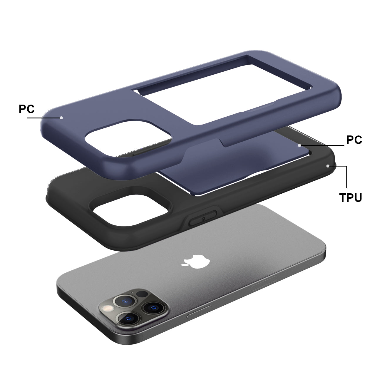 Phone Case Hybrid TPU PC 2-in-1 Flip Card Holder Apple iPhone 12/ 12 Pro Navy Color