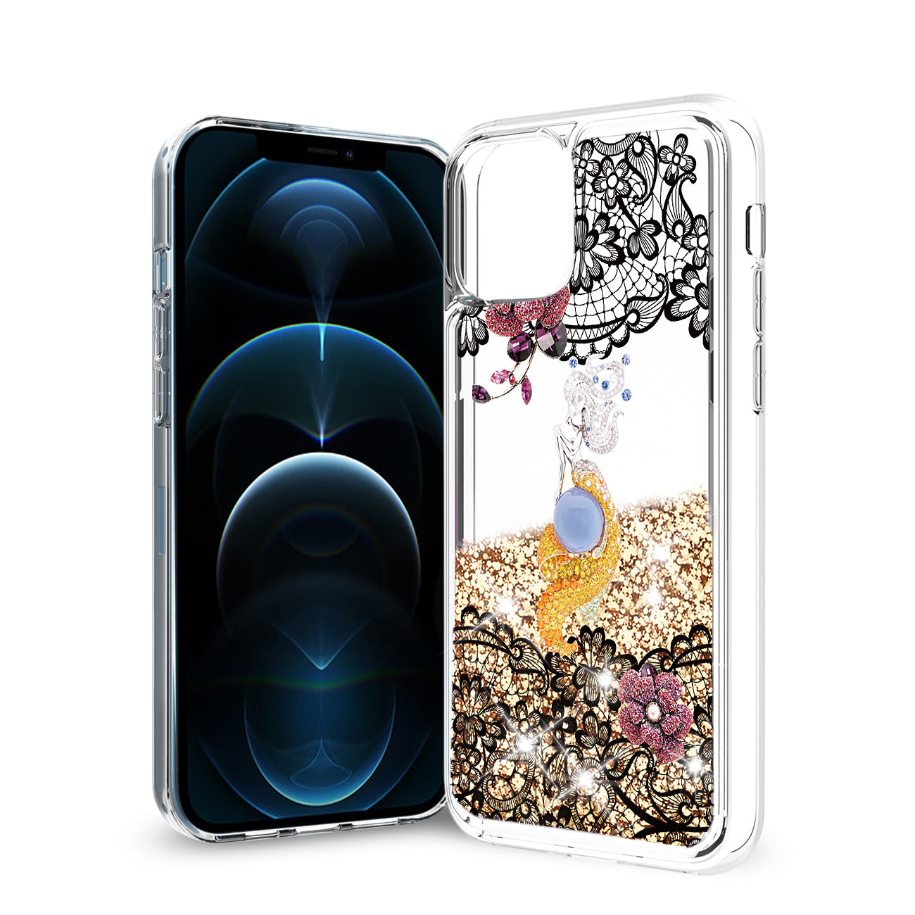 Case Moving Quicksand Floral Mermaid Reiko iPhone 12 Pro Max Glitter Gold Color