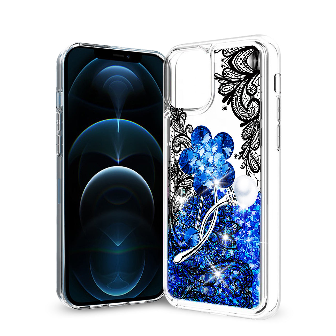 Case Moving Quicksand Floral Reiko iPhone 12 Pro Max Glitter Navy Color