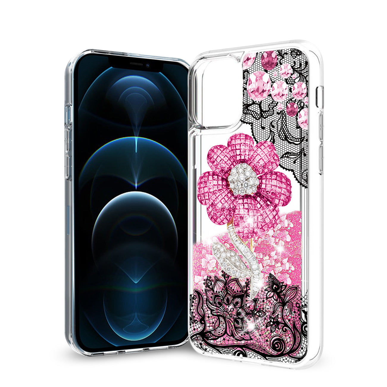 Case Moving Quicksand Floral iPhone 12 Pro Max Glitter Pink Color