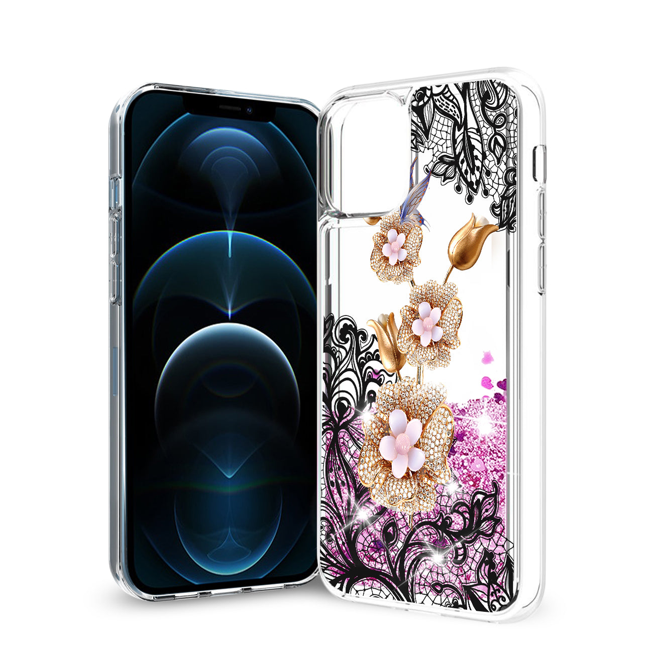 Case Moving Quicksand Floral Gold Petals Reiko iPhone 12 Pro Max Glitter Pink Color