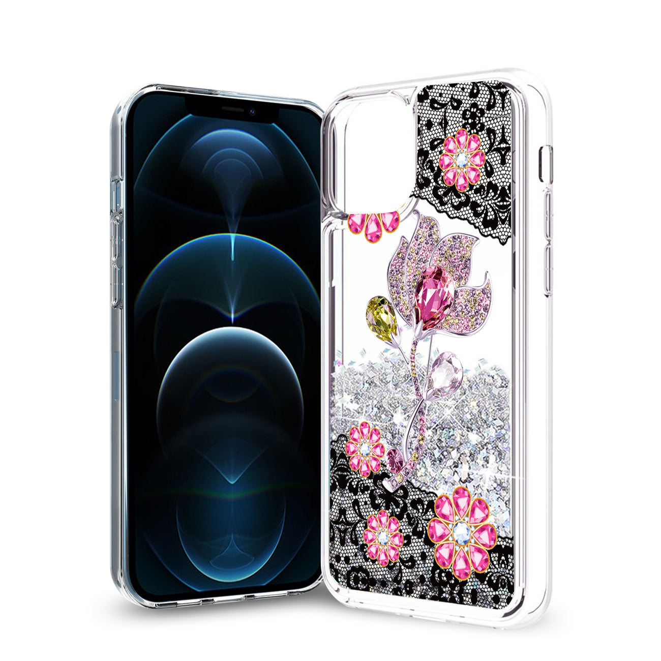 Case Moving Quicksand Glitter Floral Reiko iPhone 12 Pro Max Silver Color