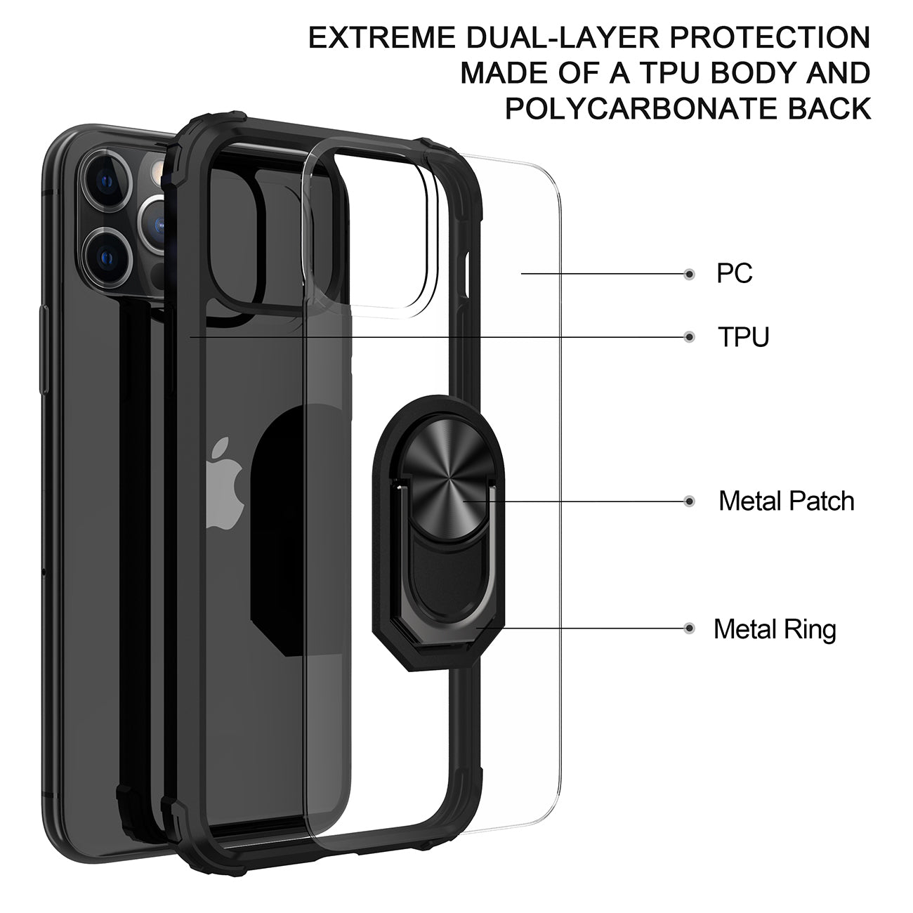 Kickstand Ring Holder TPU Shockproof Case With Magnetic Car MountAPPLE IPHONE 12 PRO MAX In Black