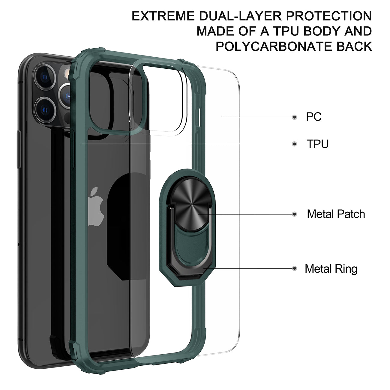 Kickstand Ring Holder TPU Shockproof Case With Magnetic Car MountAPPLE IPHONE 12 PRO MAX In Green