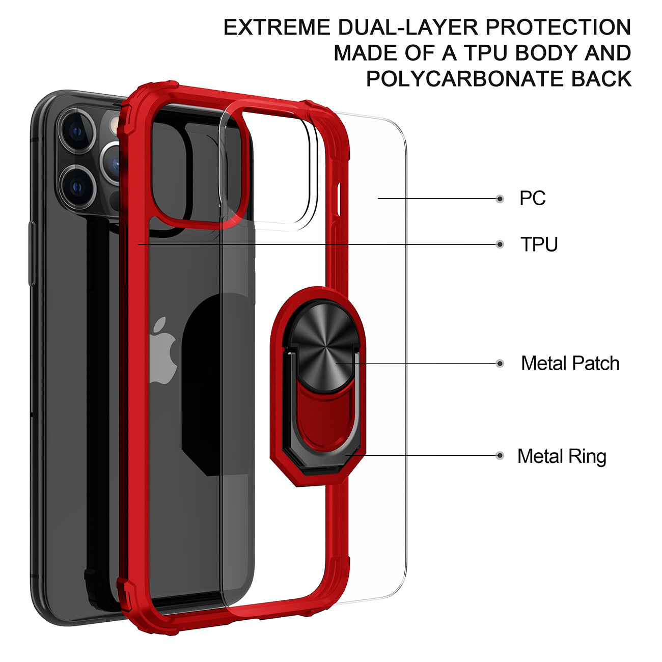 Kickstand Ring Holder TPU Shockproof Case With Magnetic Car MountAPPLE IPHONE 12 PRO MAX In Red