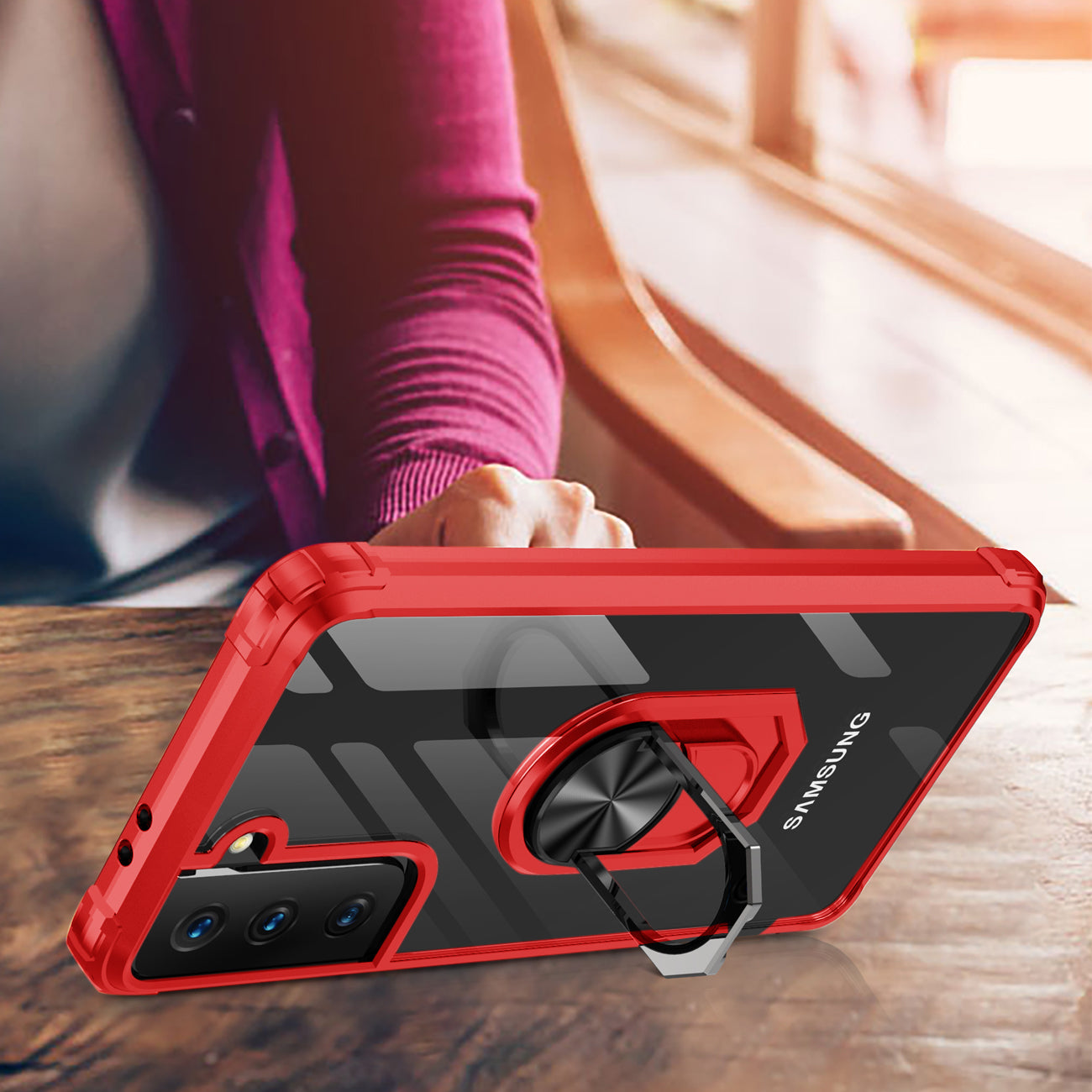 Kickstand Ring Holder TPU Shockproof Case With Magnetic Car MountSAMSUNG GALAXY S21/S30 PLUS In Red